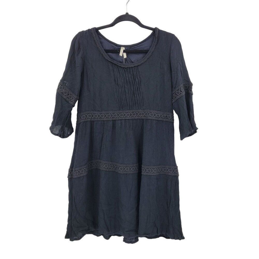 Roper Dress M Black Tiered Textured Lace Baby Doll Half Sleeve Mini‎ Full Boho